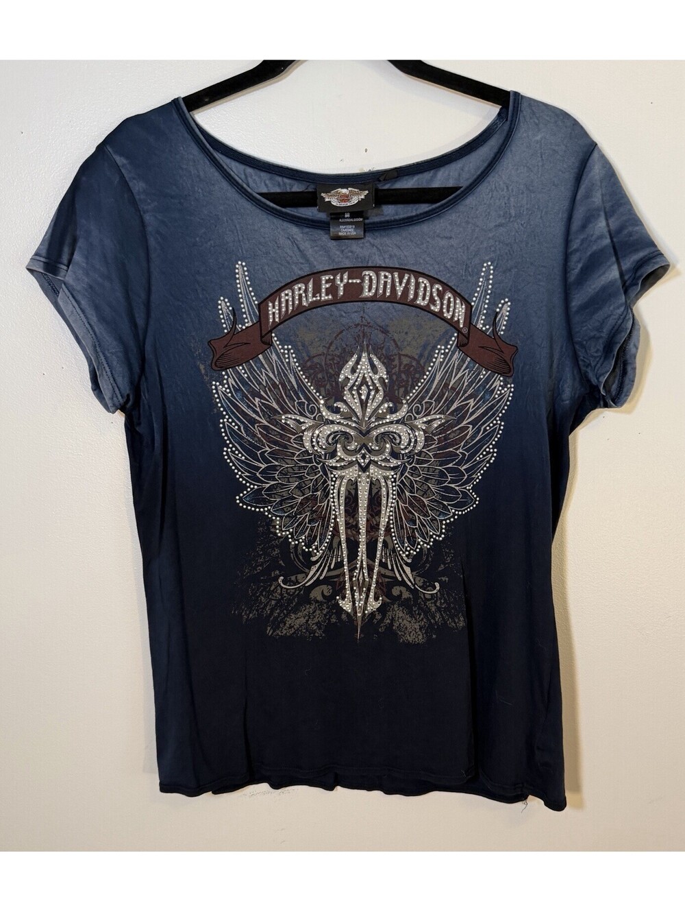 Harley Davidson Women’s Shirt Blue Ombré Rhinestone Embellished Graphic Top L